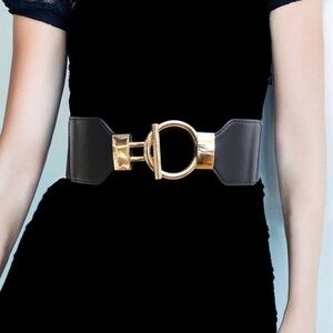 Black Oversized Gold Metal Buckle Accented Elastic Statement Belt